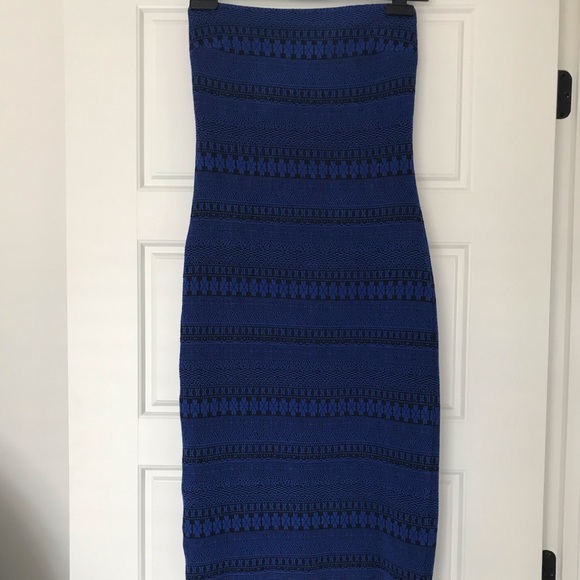 Blue/black strapless midi dress back zipper - bebe - Picture 2 of 6